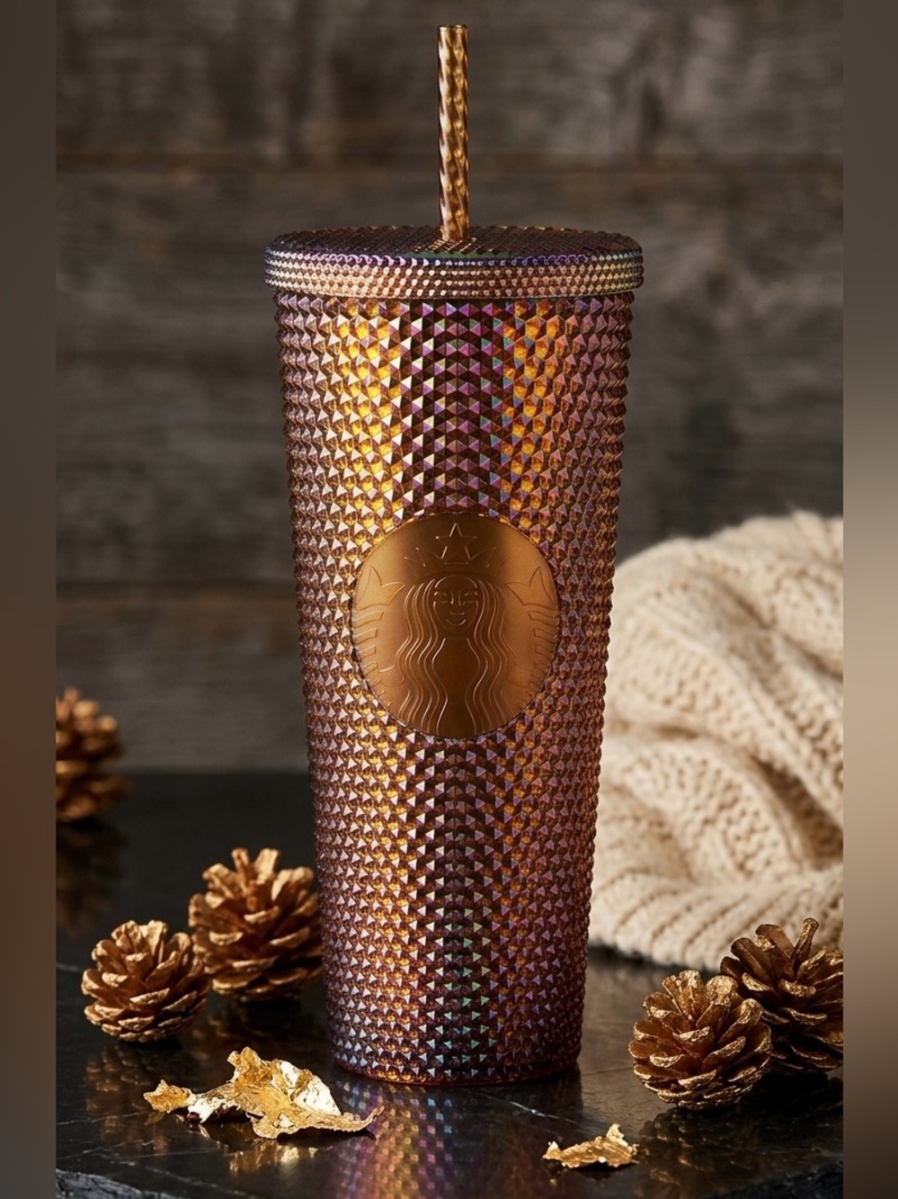 Starbucks Fall Holiday Bronze Gold Rainbow Metallic Studded 24oz Venti Tumbler